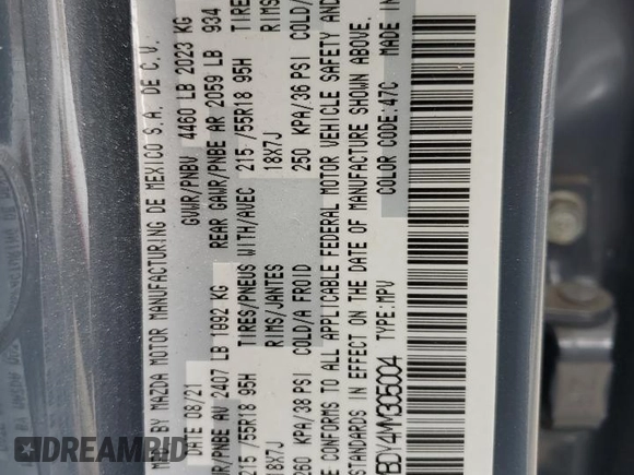 2021 Mazda CX-30 Premium with VIN 3MVDMBDY4MM305004, listed as a Copart auction lot 59947125 with 41,741 mi miles and Salvage title. Bid and sale history available at DreamBid. Image 13.