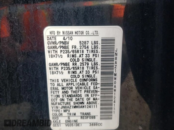 2010 Nissan Murano SL with VIN JN8AZ1MW0AW124111, listed as a Copart auction lot 72676554 with 179,109 mi miles and Non Repairable. Bid and sale history available at carsss.com. Image 12.