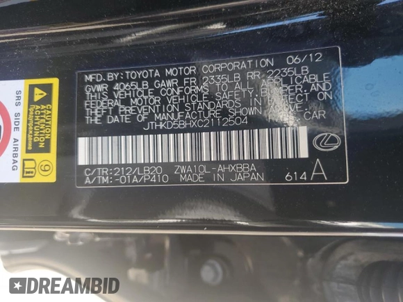 2012 Lexus CT 200h z VIN JTHKD5BHXC2112504, wystawiony jako Copart lot #47883655 z przebiegiem 120 805 mil mil oraz Czysty tytuł • Clean title. Historia ofert i sprzedaży dostępna na DreamBid. Obrazek 12.