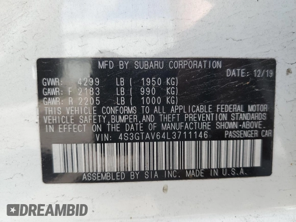 2020 Subaru Impreza Premium with VIN 4S3GTAV64L3711146, listed as a Copart auction lot 57471335 with Not provided miles and Salvage title. Bid and sale history available at DreamBid. Image 12.