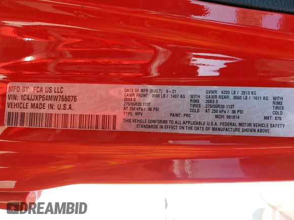 2021 Jeep Wrangler Unlimited Sahara with VIN 1C4JJXP64MW766076, listed as a Copart auction lot 54457195 with 92,421 mi miles and Salvage title. Bid and sale history available at DreamBid. Image 13.