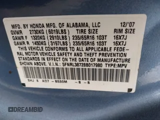 2008 Honda Odyssey EX-L с VIN 5FNRL38728B017980, выставлен на аукционе IAAI как лот 42041145 с пробегом 70 161 миль миль и . История ставок и продаж доступна на DreamBid. Изображение 9.