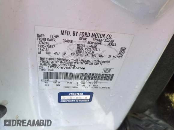 2010 Ford F-150 XL с VIN 1FTFX1EV8AKB58706, выставлен на аукционе Copart как лот 43082425 с пробегом 209 651 миль миль и Списание • Salvage title. История ставок и продаж доступна на DreamBid. Изображение 12.