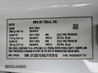 2020 Tesla Model 3 Standard Range Plus with VIN 5YJ3E1EA5LF747010, listed as a Copart auction lot 50937975 with Not Provided miles and Salvage Title. Bid and sale history available at DreamBid. Image 15.