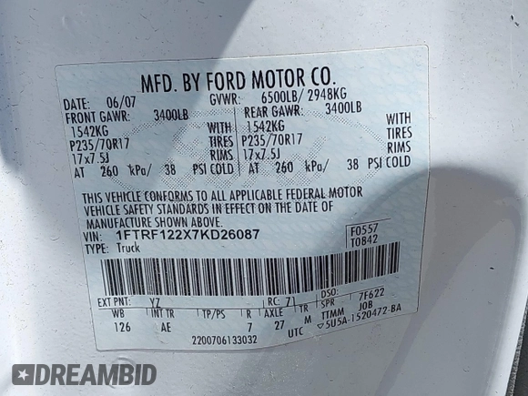 2007 Ford F-150 XL with VIN 1FTRF122X7KD26087, listed as a IAAI auction lot 42685234 with 136,061 mi miles and . Bid and sale history available at DreamBid. Image 9.