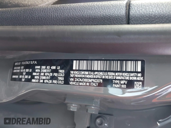 2021 Jeep Renegade Latitude with VIN ZACNJDBB3MPN22076, listed as a IAAI auction lot 41803167 with 37,232 mi miles and . Bid and sale history available at DreamBid. Image 9.