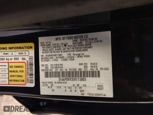 2014 Ford Fusion Titanium with VIN 3FA6P0K93ER115805, listed as a IAAI auction lot 41009602 with 136,021 mi miles. Bid and sale history available at carsss.com. Image 9.