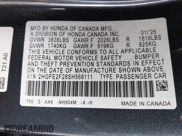 2025 Honda Civic Sedan LX with VIN 2HGFE2F28SH568111, listed as a IAAI auction lot 41740309 with 666 mi miles. Bid and sale history available at carsss.com. Image 9.