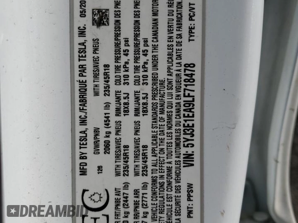 2020 Tesla Model 3 Standard Range Plus z VIN 5YJ3E1EA9LF718478, wystawiony jako Copart lot #52707145 z przebiegiem 111 068 mil mil oraz Szkoda całkowita • Salvage title. Historia ofert i sprzedaży dostępna na DreamBid. Obrazek 13.