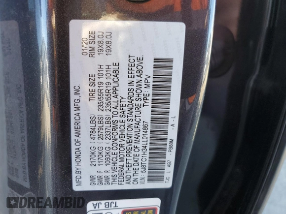 2020 Acura RDX with VIN 5J8TC1H34LL014867, listed as a Copart auction lot 87480974 with 38,550 mi miles and Salvage title. Bid and sale history available at DreamBid. Image 14.
