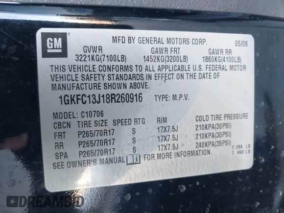2008 GMC Yukon SLT w/4SB with VIN 1GKFC13J18R260916, listed as a IAAI auction lot 41261518 with 221,104 mi miles. Bid and sale history available at carsss.com. Image 9.