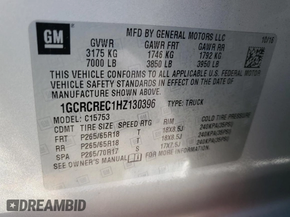 2017 Chevrolet Silverado 1500 LT with VIN 1GCRCREC1HZ130396, listed as a Copart auction lot 45910195 with 89,703 mi miles and Salvage Title. Bid and sale history available at DreamBid. Image 12.