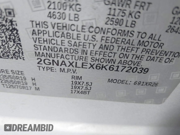2019 Chevrolet Equinox LT with VIN 2GNAXLEX6K6172039, listed as a IAAI auction lot 41732782 with 98,548 mi miles and . Bid and sale history available at DreamBid. Image 9.