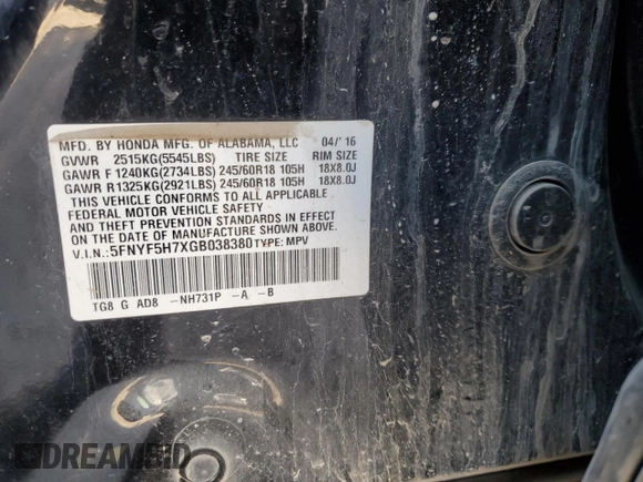 2016 Honda Pilot EX-L with VIN 5FNYF5H7XGB038380, listed as a Copart auction lot 82704994 with 108,400 mi miles and Salvage Title. Bid and sale history available at DreamBid. Image 15.