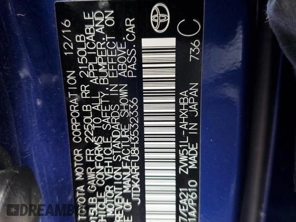 2017 Toyota Prius Two z VIN JTDKARFU8H3532336, wystawiony jako Copart lot #51109475 z przebiegiem Nie podano mil oraz Szkoda całkowita • Salvage title. Historia ofert i sprzedaży dostępna na DreamBid. Obrazek 16.