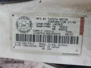 1998 Toyota Tercel z VIN JT2BC53LXW0335979, wystawiony jako Copart lot #46542655 z przebiegiem 275 340 mil mil oraz Nie do naprawy • Non repairable. Historia ofert i sprzedaży dostępna na DreamBid. Obrazek 13.