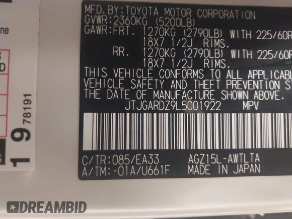 2020 Lexus NX 300 with VIN JTJGARDZ9L5001922, listed as a IAAI auction lot 41920887 with 88,336 mi miles and . Bid and sale history available at DreamBid. Image 9.
