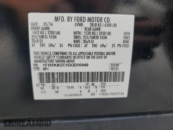 2016 Ford Explorer Sport с VIN 1FM5K8GT3GGD00949, выставлен на аукционе Copart как лот 59658755 с пробегом 147 120 миль миль и Списание • Salvage title. История ставок и продаж доступна на DreamBid. Изображение 13.