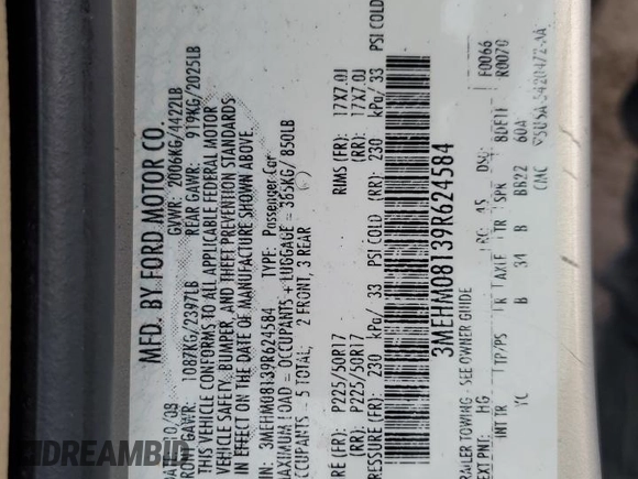 2009 Mercury Milan Premier z VIN 3MEHM08139R624584, wystawiony jako Copart lot #53060605 z przebiegiem 76 603 mil mil oraz Nie do naprawy • Non repairable. Historia ofert i sprzedaży dostępna na DreamBid. Obrazek 14.
