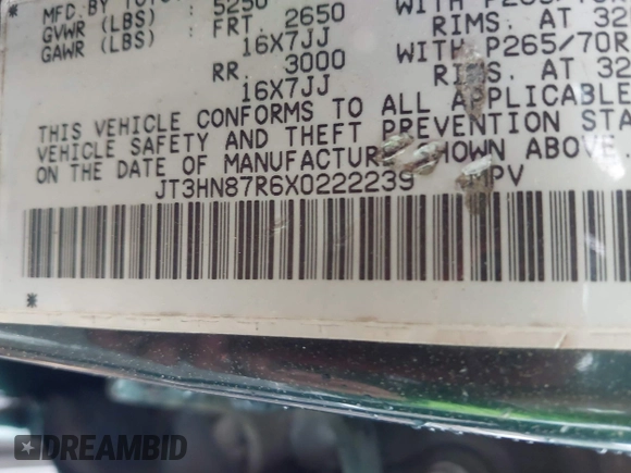 1999 Toyota 4Runner Limited с VIN JT3HN87R6X0222239, выставлен на аукционе IAAI как лот 42363652 с пробегом 265 619 миль миль и . История ставок и продаж доступна на DreamBid. Изображение 9.