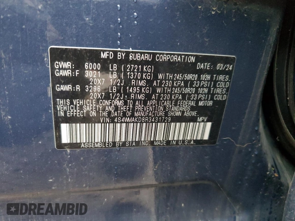 2024 Subaru Ascent Onyx Limited with VIN 4S4WMAKD8R3431729, listed as a Copart auction lot 84836334 with Not provided miles and Salvage title. Bid and sale history available at DreamBid. Image 12.