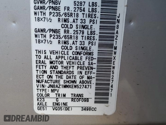 2014 Nissan Murano LE with VIN JN8AZ1MWXEW527471, listed as a Copart auction lot 87227804 with 141,803 mi miles and Salvage Title. Bid and sale history available at carsss.com. Image 13.