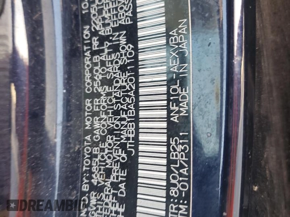 2010 Lexus HS 250h with VIN JTHBB1BA5A2011109, listed as a Copart auction lot 77573164 with 278,604 mi miles and Clean Title. Bid and sale history available at DreamBid. Image 12.