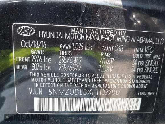 2017 Hyundai Santa Fe 2.4L with VIN 5NMZUDLBXHH022812, listed as a IAAI auction lot 42272430 with 76,121 mi miles and . Bid and sale history available at DreamBid. Image 9.