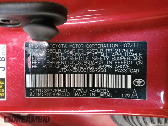 2011 Toyota Prius I with VIN JTDKN3DU0B1389258, listed as a Copart auction lot 55681765 with 168,843 mi miles and Clean Title. Bid and sale history available at carsss.com. Image 12.