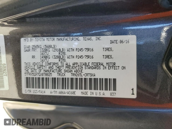 2016 Toyota Tacoma SR with VIN 5TFRX5GN7GX070825, listed as a Copart auction lot 47262205 with 85,252 mi miles and Salvage Title. Bid and sale history available at carsss.com. Image 13.