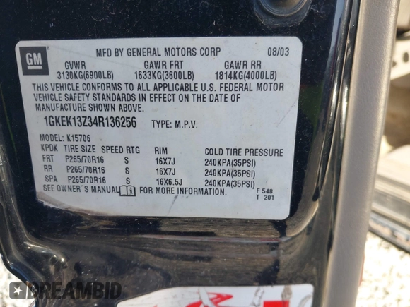 2004 GMC Yukon SLT with VIN 1GKEK13Z34R136256, listed as a IAAI auction lot 42122862 with 263,607 mi miles. Bid and sale history available at carsss.com. Image 9.