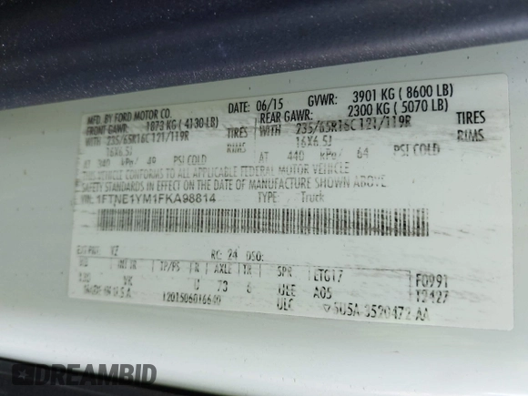 2015 Ford Transit Cargo with VIN 1FTNE1YM1FKA98814, listed as a IAAI auction lot 42124071 with 172,064 mi miles and . Bid and sale history available at DreamBid. Image 9.