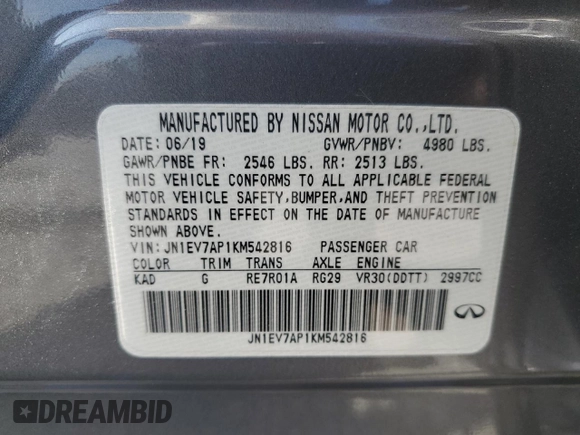 2019 Infiniti Q50 Luxe with VIN JN1EV7AP1KM542816, listed as a Copart auction lot 59216945 with 64,029 mi miles and Salvage title. Bid and sale history available at DreamBid. Image 12.