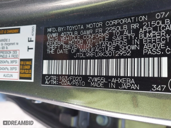 2019 Toyota Prius LE with VIN JTDL9RFUXK3012952, listed as a IAAI auction lot 41134169 with 76,125 mi miles. Bid and sale history available at carsss.com. Image 9.