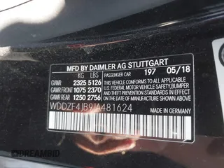 2018 Mercedes-Benz E 300 with VIN WDDZF4JB9JA481624, listed as a IAAI auction lot 41896382 with 96,246 mi miles and . Bid and sale history available at DreamBid. Image 9.