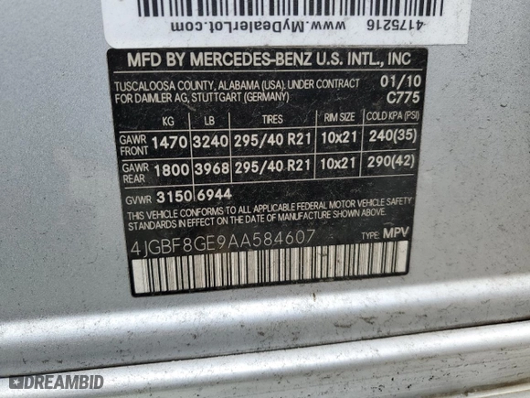 2010 Mercedes-Benz GL-Class GL 550 with VIN 4JGBF8GE9AA584607, listed as a Copart auction lot 75569334 with 216,213 mi miles and Clean Title. Bid and sale history available at carsss.com. Image 13.