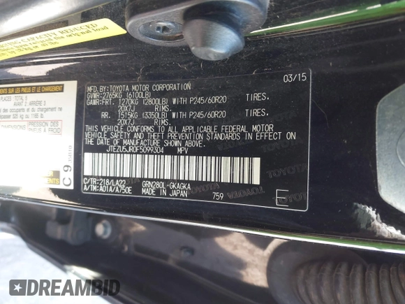 2015 Toyota 4Runner SR5 with VIN JTEZU5JR0F5099304, listed as a IAAI auction lot 41402661 with 192,122 mi miles and . Bid and sale history available at DreamBid. Image 9.