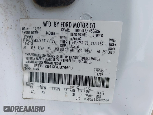 2011 Ford Super Duty F-250 SRW XL with VIN 1FTBF2B6XBEB76600, listed as a IAAI auction lot 41974695 with 131,878 mi miles. Bid and sale history available at carsss.com. Image 9.