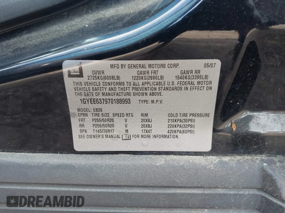 2007 Cadillac SRX with VIN 1GYEE637970188993, listed as a IAAI auction lot 41950192 with 158,786 mi miles and . Bid and sale history available at DreamBid. Image 9.