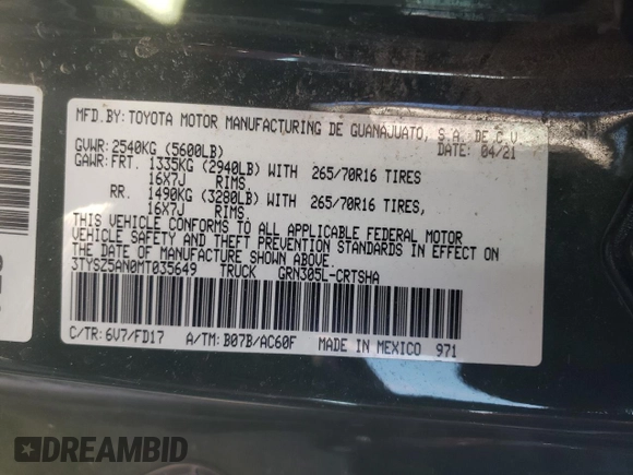 2021 Toyota Tacoma SR z VIN 3TYSZ5AN0MT035649, wystawiony jako Copart lot #75679984 z przebiegiem Nie podano mil oraz Szkoda całkowita • Salvage title. Historia ofert i sprzedaży dostępna na DreamBid. Obrazek 13.