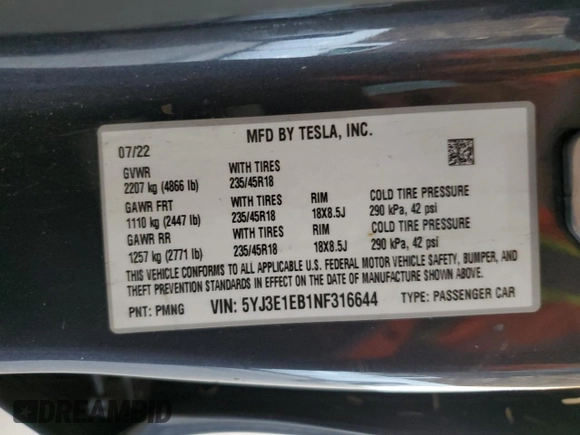 2022 Tesla Model 3 Long Range with VIN 5YJ3E1EB1NF316644, listed as a Copart auction lot 52256045 with 52,807 mi miles and Clean Title. Bid and sale history available at DreamBid. Image 13.