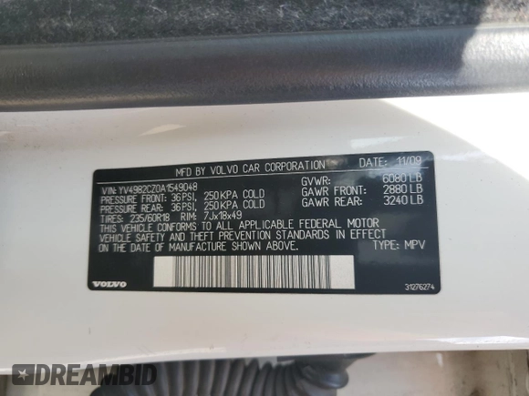 2010 Volvo XC90 I6 with VIN YV4982CZ0A1549048, listed as a Copart auction lot 54525235 with 0 mi miles and Salvage Title. Bid and sale history available at carsss.com. Image 13.