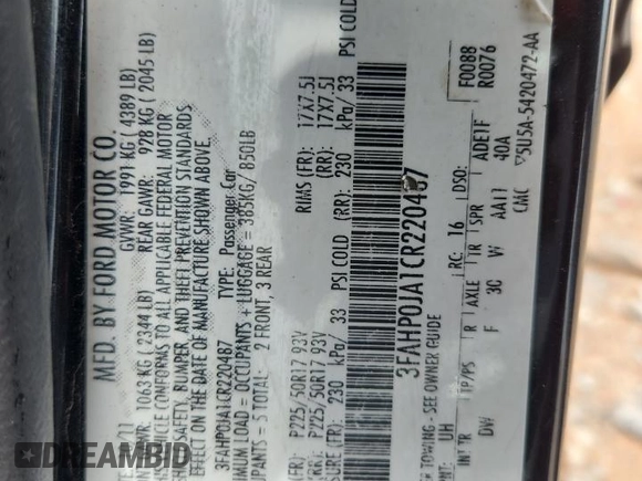 2012 Ford Fusion SEL with VIN 3FAHP0JA1CR220487, listed as a Copart auction lot 62906695 with 175,967 mi miles and Clean title. Bid and sale history available at DreamBid. Image 12.