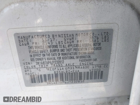 2018 Nissan Sentra S with VIN 3N1AB7AP6JY232812, listed as a IAAI auction lot 42088733 with 210,861 mi miles and . Bid and sale history available at DreamBid. Image 9.