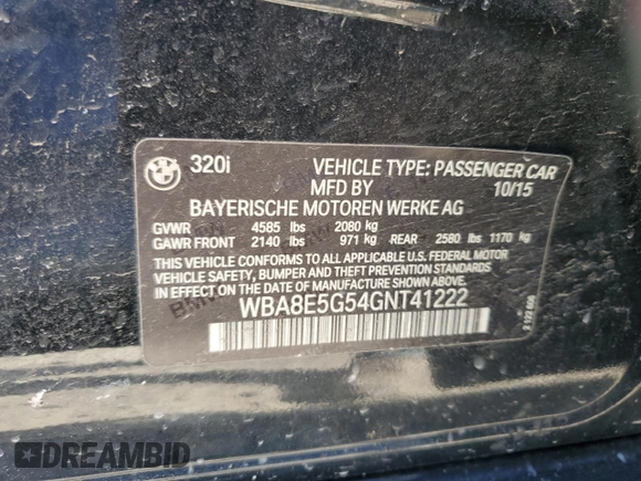 2016 BMW 3 Series 320i xDrive z VIN WBA8E5G54GNT41222, wystawiony jako Copart lot #51130785 z przebiegiem 147 975 mil mil oraz Szkoda całkowita • Salvage title. Historia ofert i sprzedaży dostępna na DreamBid. Obrazek 12.