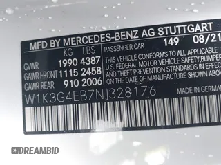 2022 Mercedes-Benz A 220 with VIN W1K3G4EB7NJ328176, listed as a IAAI auction lot 41891527 with 24,603 mi miles and . Bid and sale history available at DreamBid. Image 9.