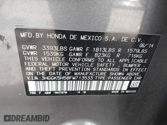 2015 Honda Fit LX with VIN 3HGGK5H58FM713533, listed as a IAAI auction lot 40473868 with Not provided miles and . Bid and sale history available at DreamBid. Image 9.