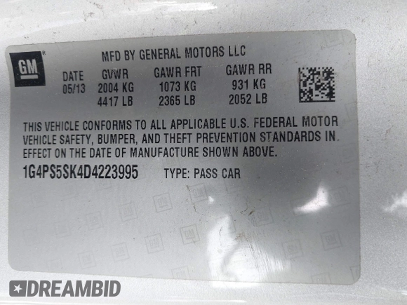 2013 Buick Verano Leather Group with VIN 1G4PS5SK4D4223995, listed as a IAAI auction lot 41451878 with 38,086 mi miles. Bid and sale history available at carsss.com. Image 9.