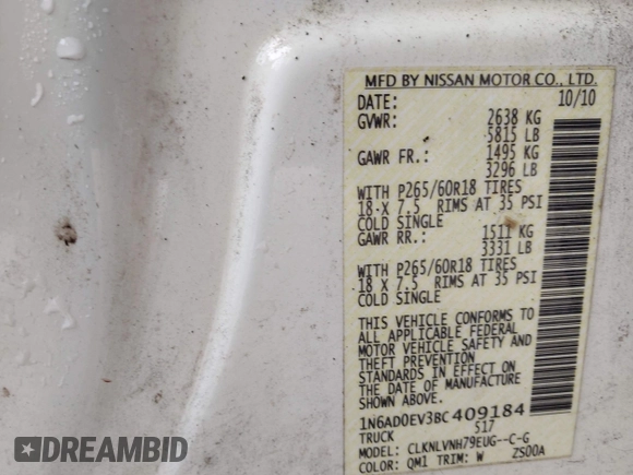 2011 Nissan Frontier Pro-4X with VIN 1N6AD0EV3BC409184, listed as a IAAI auction lot 42122823 with 209,669 mi miles and . Bid and sale history available at DreamBid. Image 9.