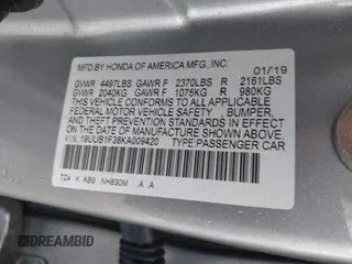 2019 Acura TLX with VIN 19UUB1F38KA009420, listed as a IAAI auction lot 41459987 with 102,336 mi miles. Bid and sale history available at carsss.com. Image 9.